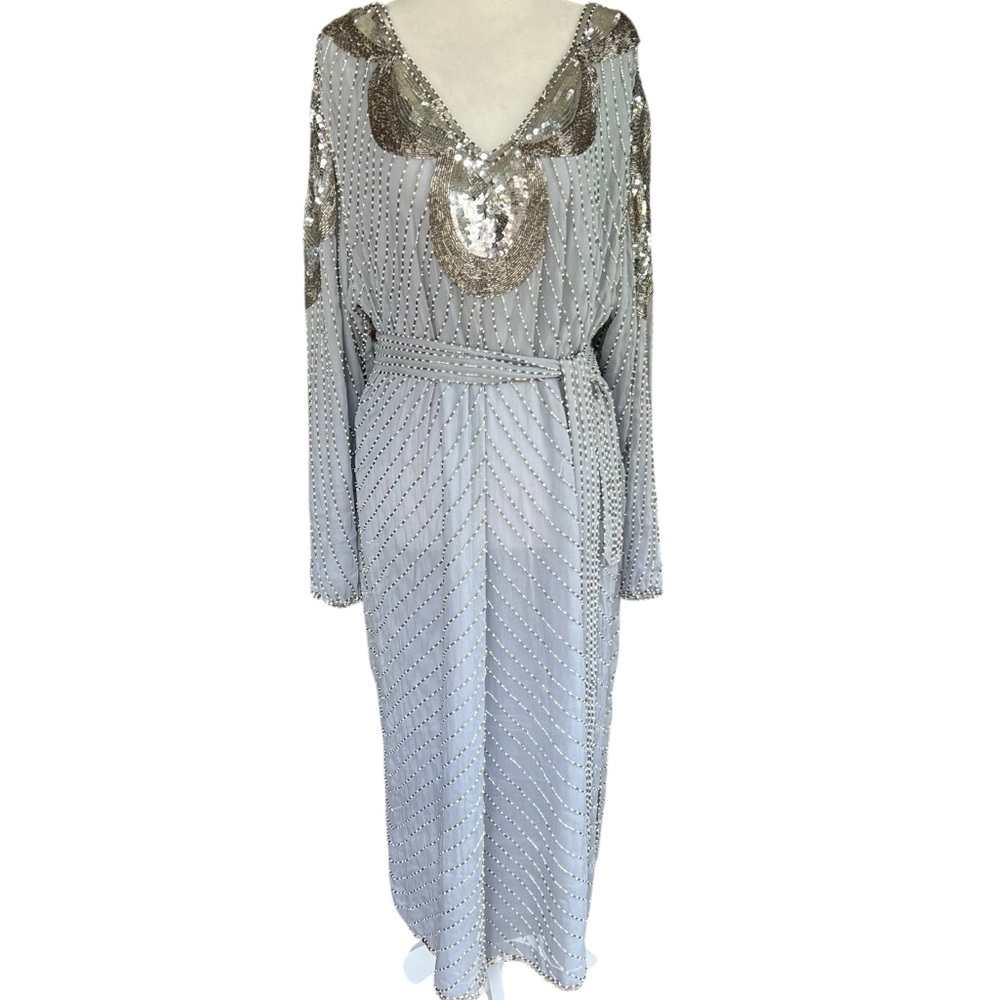 Vintage 🩶 SHO MAX - 3X Silver Silk Beaded Dress India Sequin Caftan Evening Gown - Picture 1 of 14